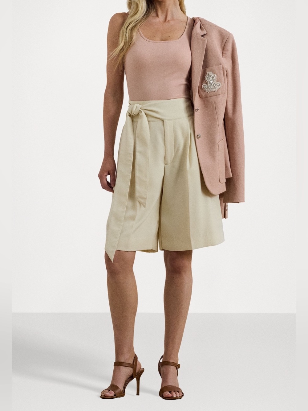 NWT Lauren Ralph Lauren Triple Georgette High Waist Wide Leg Bermuda Shorts Tie